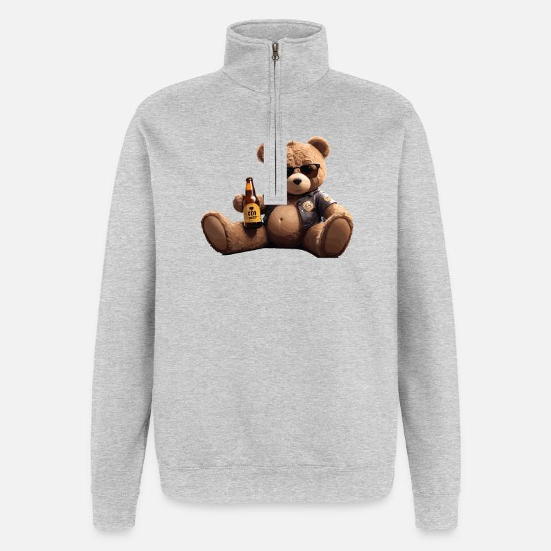 Biker Teddybär mit Bier - Quarter-Zip-Sweatshirt - Grau meliert
