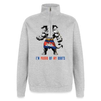 Ich bin stolz auf meine Fährten Kambodscha - Quarter-Zip-Sweatshirt - Grau meliert - Vorne - AI Model Female 172 light (172cm) & AI Model Male 178 dark (178cm)