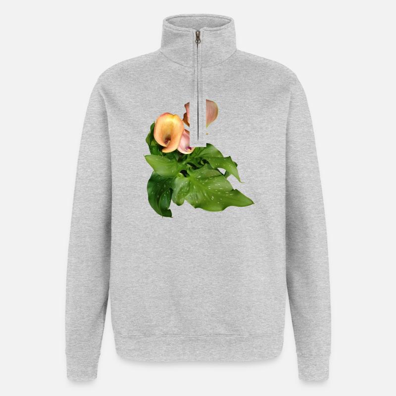 Fleurs de Calla en vert - Sweat à zip 1/4 - gris chiné