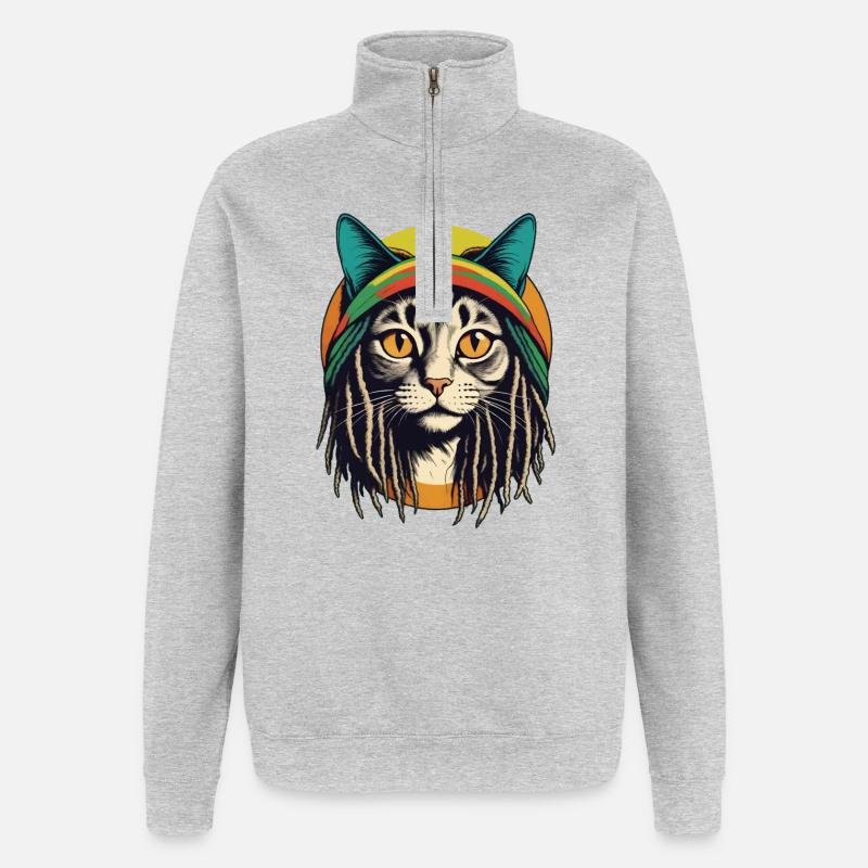Chat rasta cool - Sweat à zip 1/4 - gris chiné
