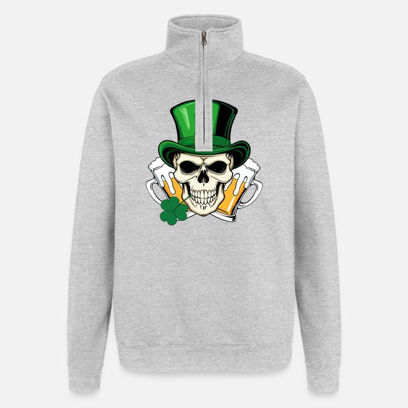 Crâne San Patrick Day - Sweat à zip 1/4 - gris chiné