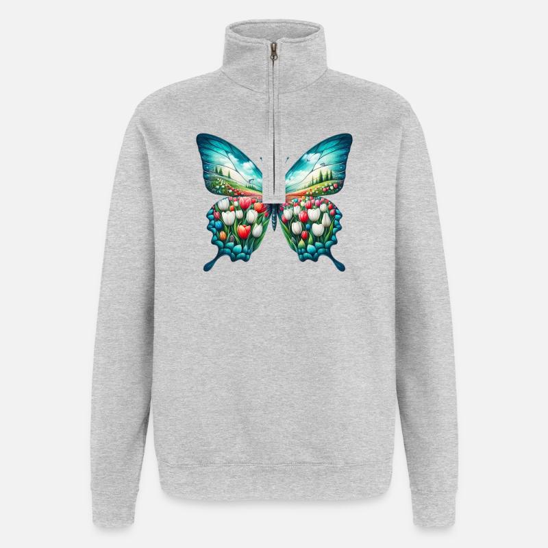 Fleurs papillon tulipes tulipe - Sweat à zip 1/4 - gris chiné