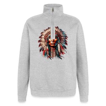 Amérindien Peau rouge d’Amérique - Sweat à zip 1/4 - gris chiné - Devant - AI Model Female 172 light (172cm) & AI Model Male 178 dark (178cm)