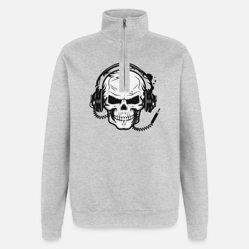 Schädel,Skull,Totenkopf mit Kopfhörer - Quarter-Zip-Sweatshirt - Grau meliert