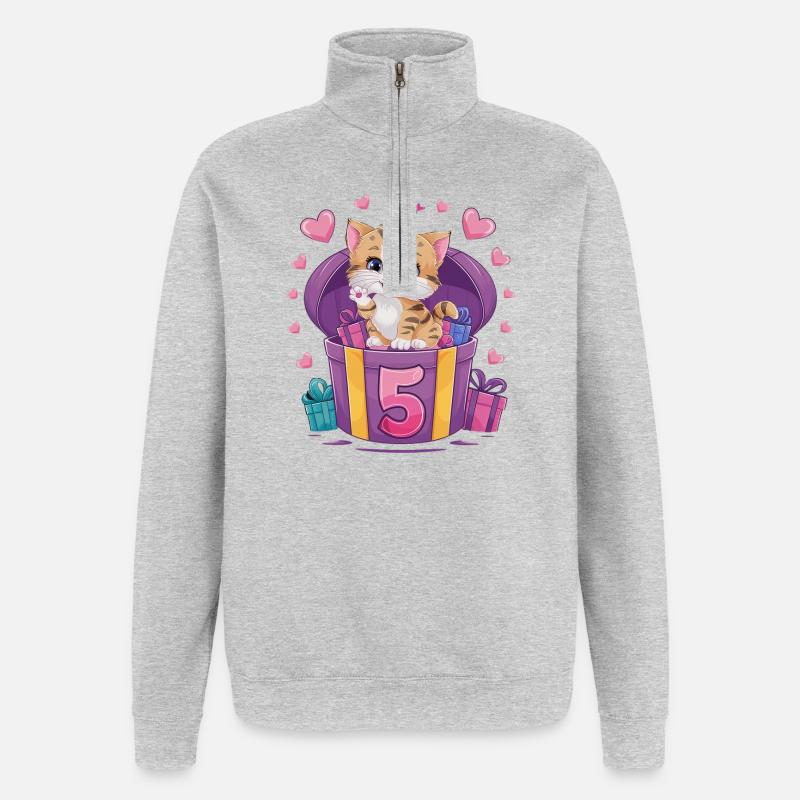 Chat mignon - 5e anniversaire - 5 ans - Sweat à zip 1/4 - gris chiné
