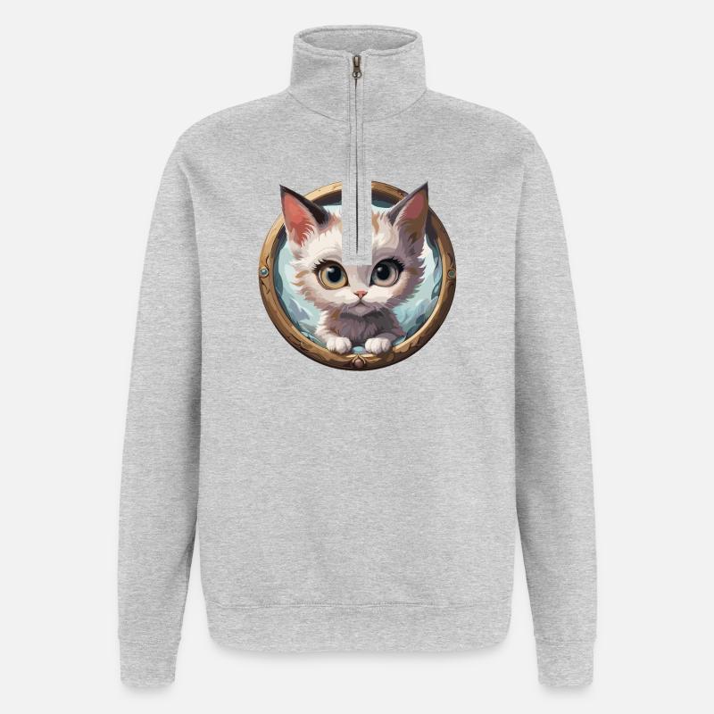 Kätzchen im Rundmedaillon - Quarter-Zip-Sweatshirt - Grau meliert