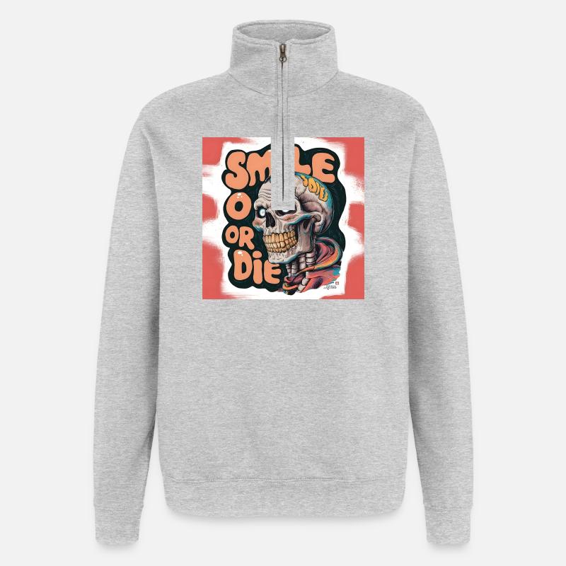Kahlköpfiges Skelett mit lächelndem Text - Quarter-Zip-Sweatshirt - Grau meliert