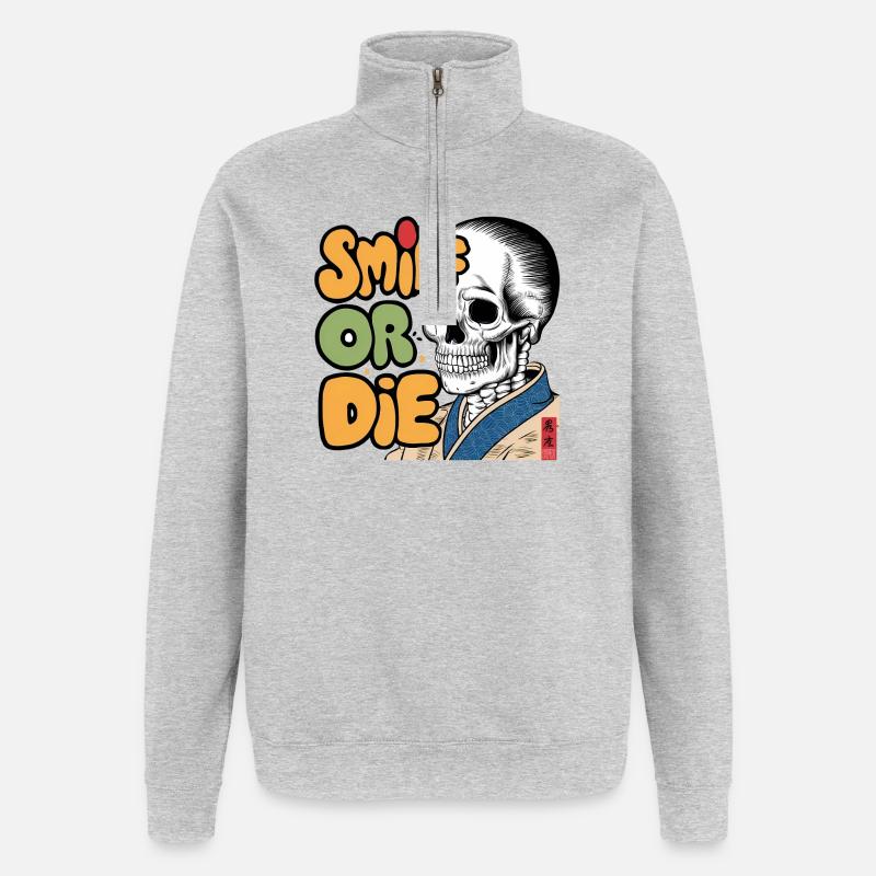 Skelettor mit optimistischer Botschaft - Quarter-Zip-Sweatshirt - Grau meliert