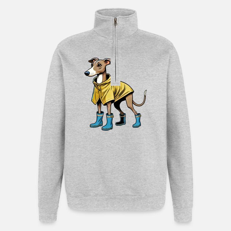 Whippet im Regenmantel - Quarter-Zip-Sweatshirt - Grau meliert