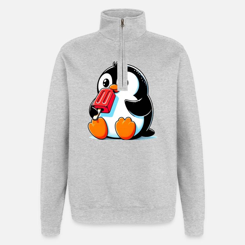 Pinguin isst ein Eis am Stiel - Quarter-Zip-Sweatshirt - Grau meliert