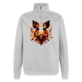 Wildschwein, gestaltet aus verschiedenen Blättern - Quarter-Zip-Sweatshirt - Grau meliert - Vorne - AI Model Female 172 light (172cm) & AI Model Male 178 dark (178cm)