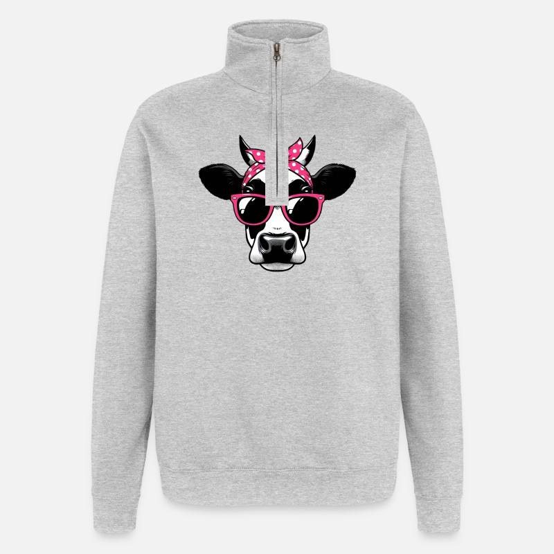 Kuh mit Sonnenbrille - Quarter-Zip-Sweatshirt - Grau meliert