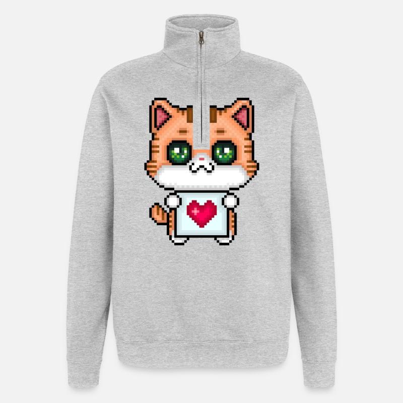 Chaton aimant les pixels - Sweat à zip 1/4 - gris chiné