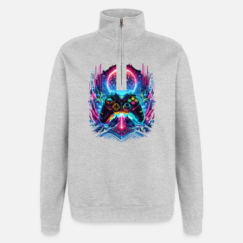 Synthwave Cyberpunk Gaming Controller - Quarter-Zip Sweatshirt - heather grey