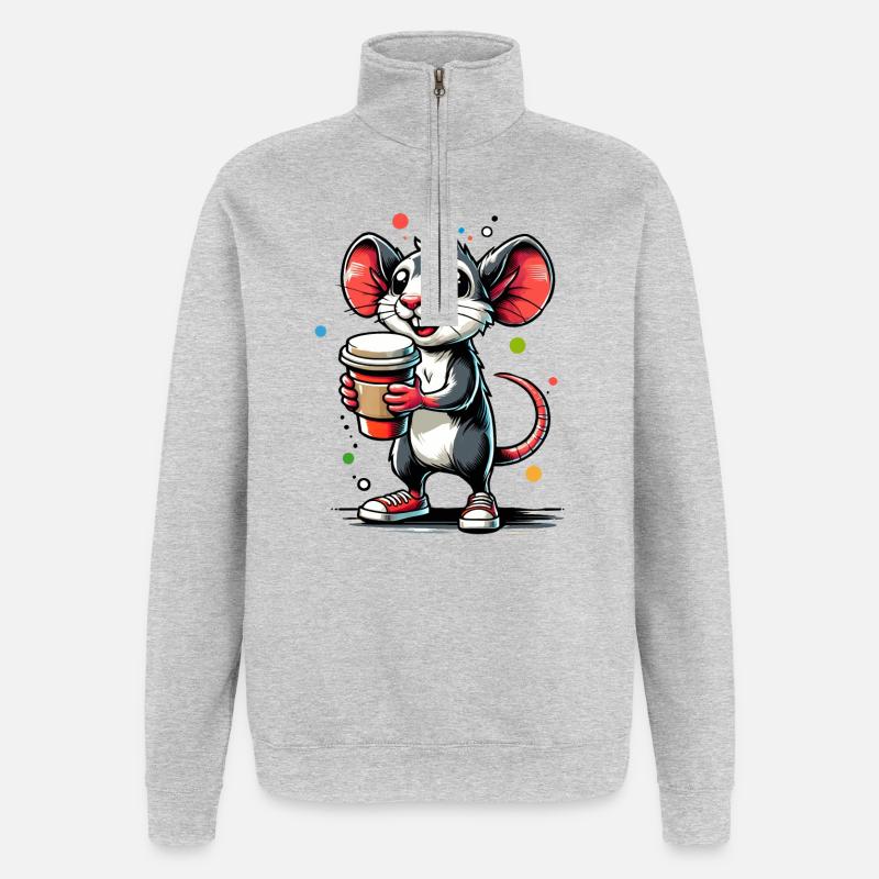Cartoon einer fröhlichen Maus mit Kaffee - Quarter-Zip-Sweatshirt - Grau meliert