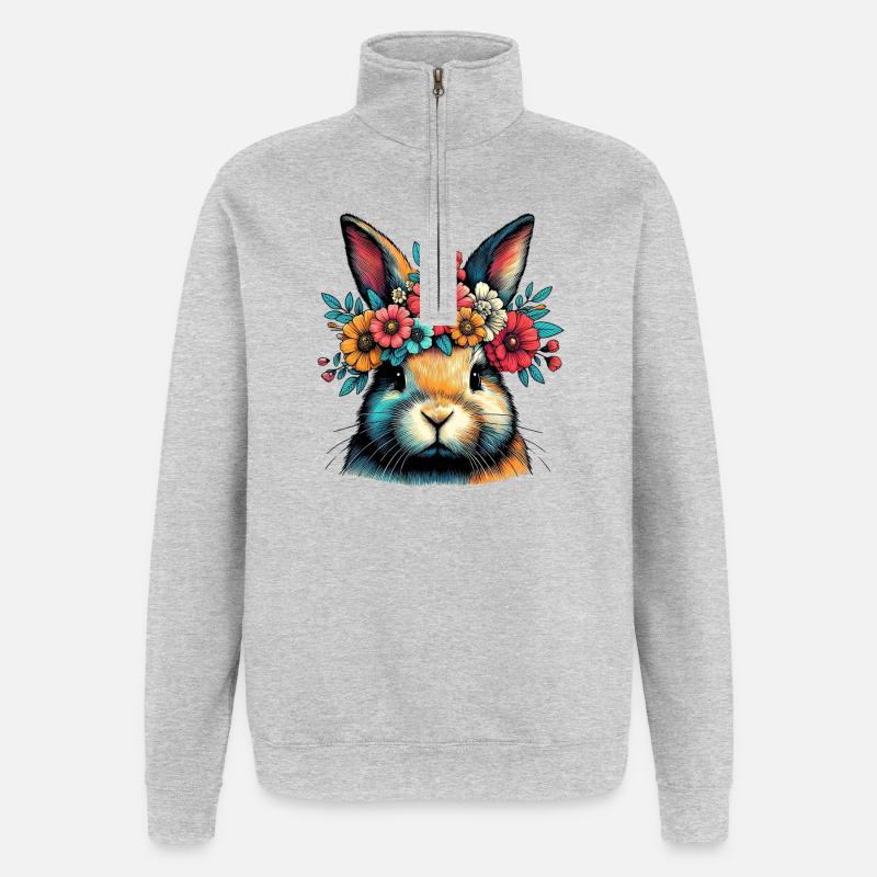Hase mit Blumen - Quarter-Zip-Sweatshirt - Grau meliert