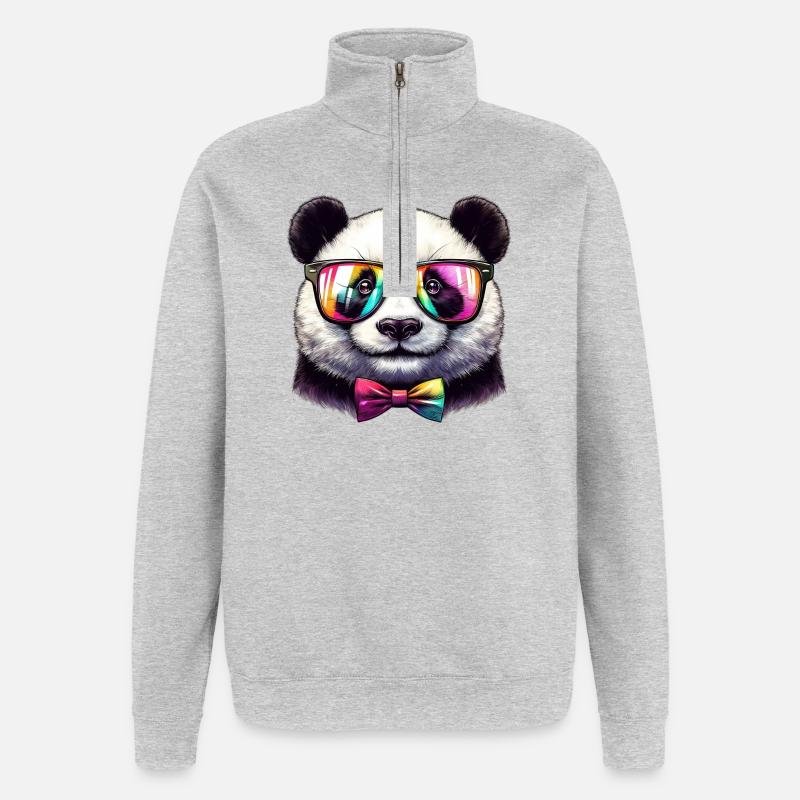 Panda mit Brille und Fliege - Quarter-Zip-Sweatshirt - Grau meliert