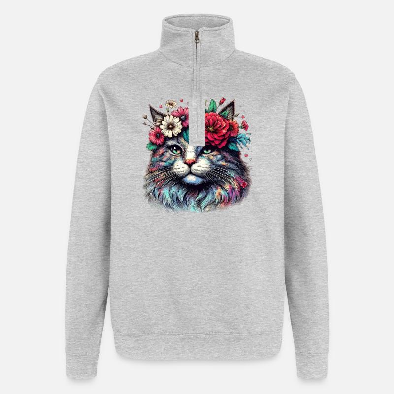 Chat avec des fleurs - Sweat à zip 1/4 - gris chiné