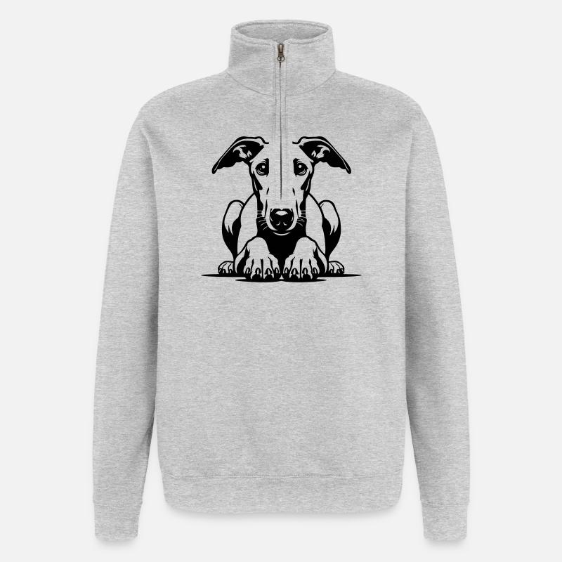 Tête de whippet avec pattes - Sweat à zip 1/4 - gris chiné