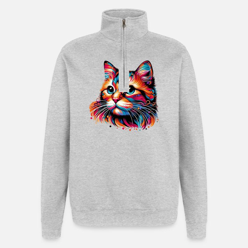 Chat - Sweat à zip 1/4 - gris chiné