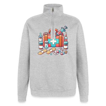 detailreicher Apothekenkoffe,Symbol für Sicherheit - Quarter-Zip-Sweatshirt - Grau meliert - Vorne - AI Model Female 172 light (172cm) & AI Model Male 178 dark (178cm)
