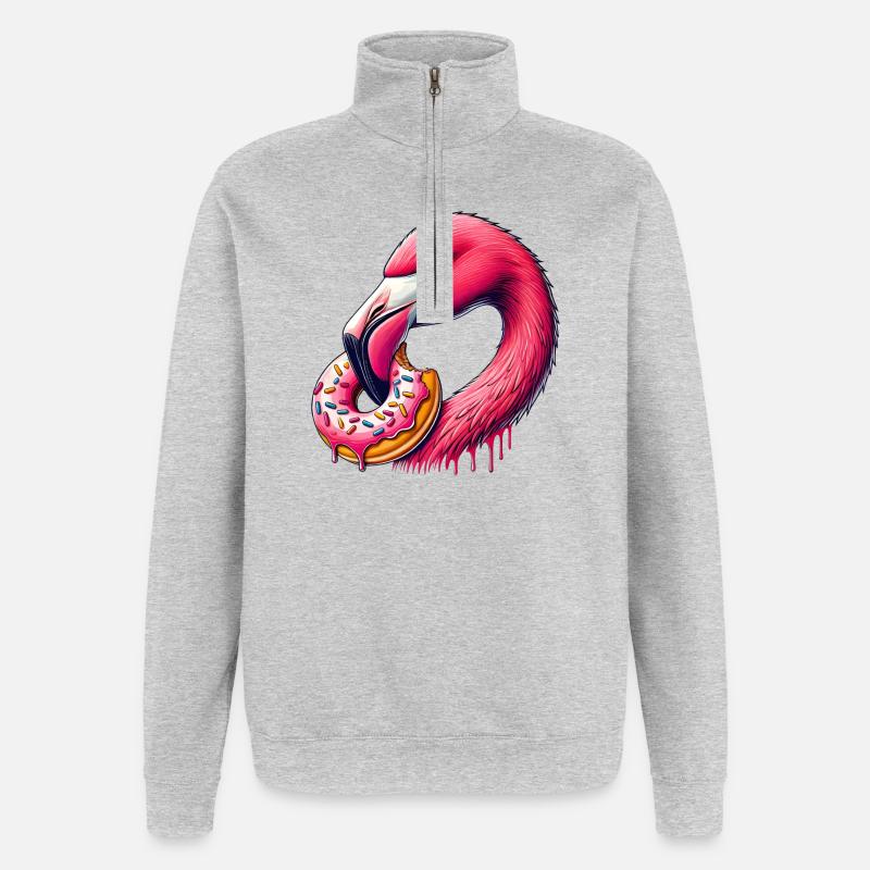 witziger Augenschmaus - Flamingo mit Donut - Quarter-Zip-Sweatshirt - Grau meliert