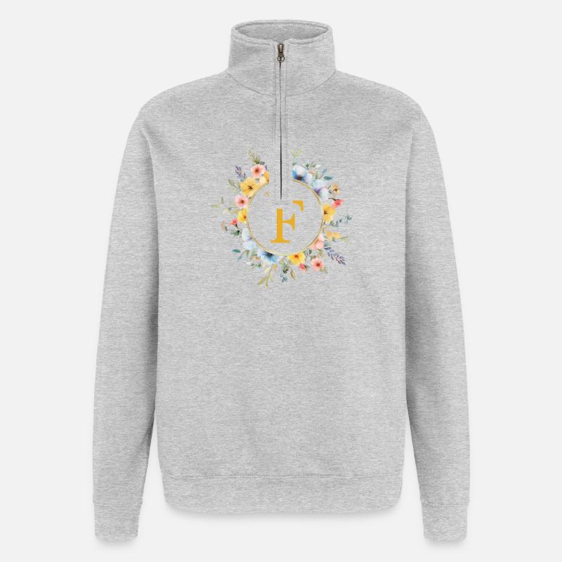 F Monogramm, Blumen-Kreis, personalisierbar - Quarter-Zip-Sweatshirt - Grau meliert