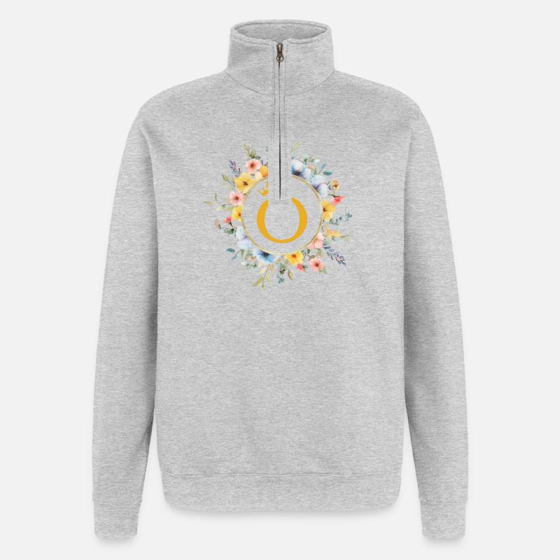 o monogramme, cercle de fleurs, personnalisable - Sweat à zip 1/4 - gris chiné