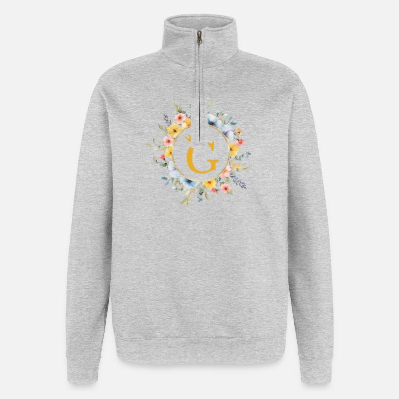 G Monogramme, Cercle de fleurs, Personnalisable - Sweat à zip 1/4 - gris chiné