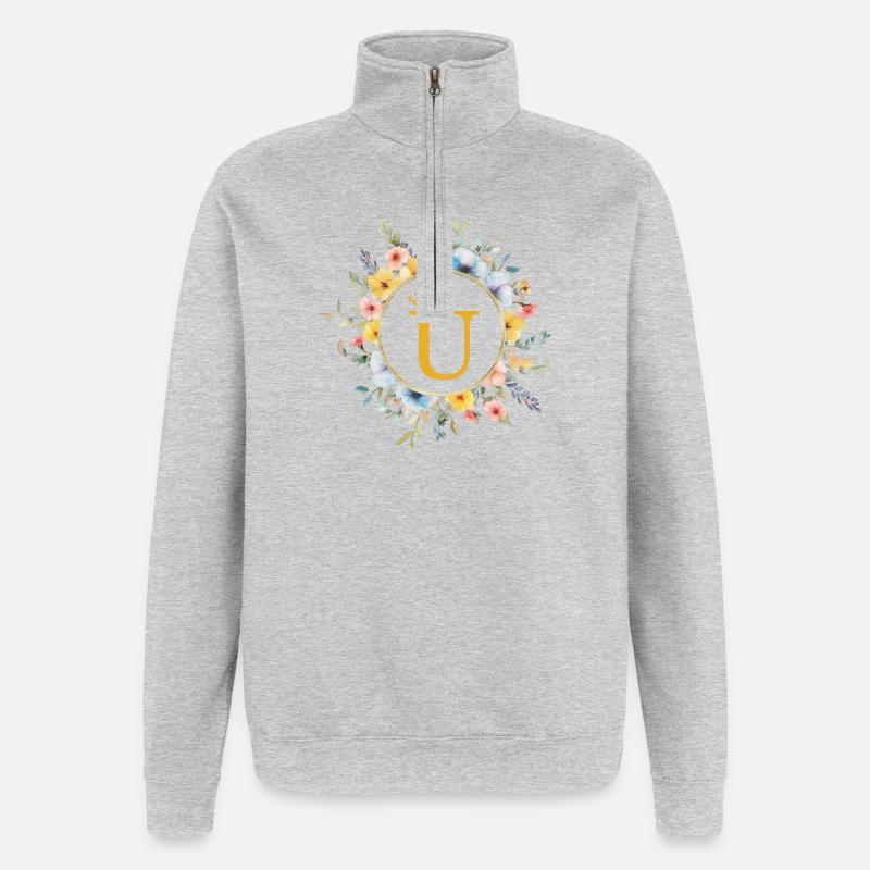U monogramme, cercle de fleurs, personnalisable - Sweat à zip 1/4 - gris chiné