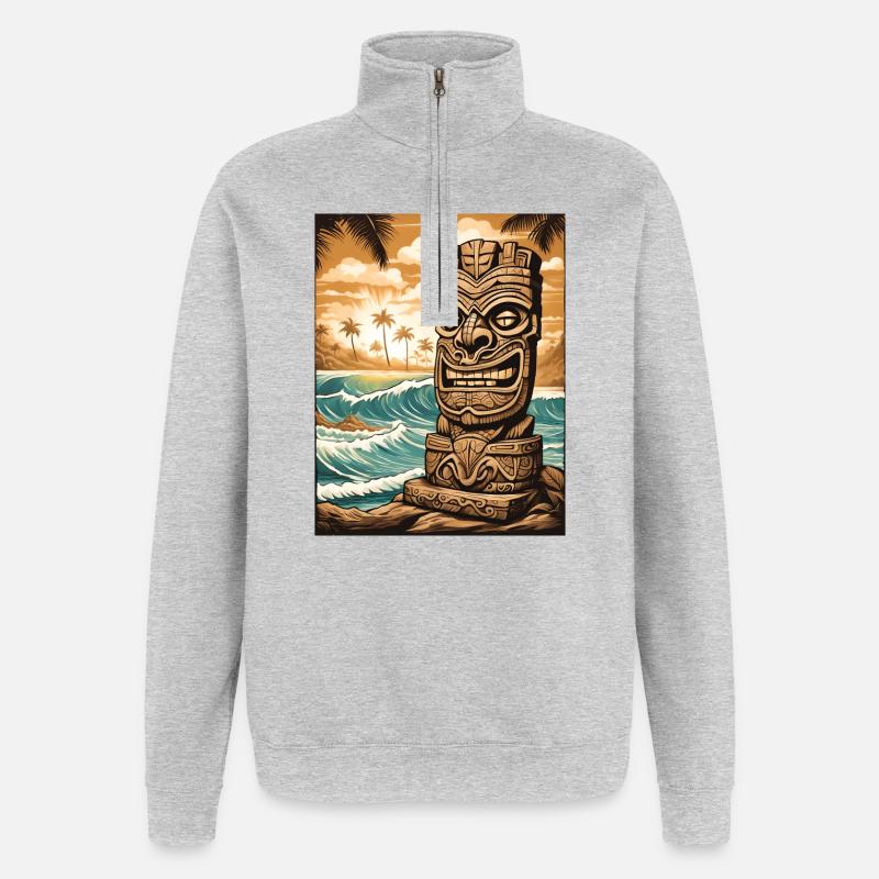 Tiki Statue am Strand - Quarter-Zip-Sweatshirt - Grau meliert
