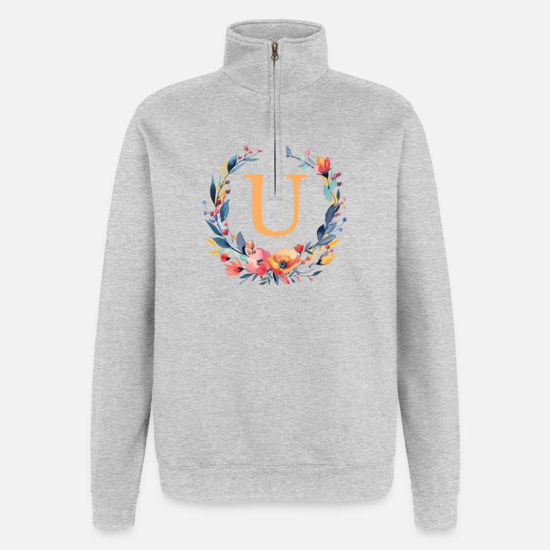 U monogramme, cercle de fleurs, personnalisable - Sweat à zip 1/4 - gris chiné