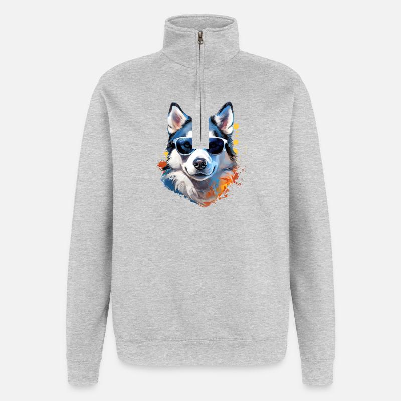 Husky mit Sonnenbrille - Quarter-Zip-Sweatshirt - Grau meliert