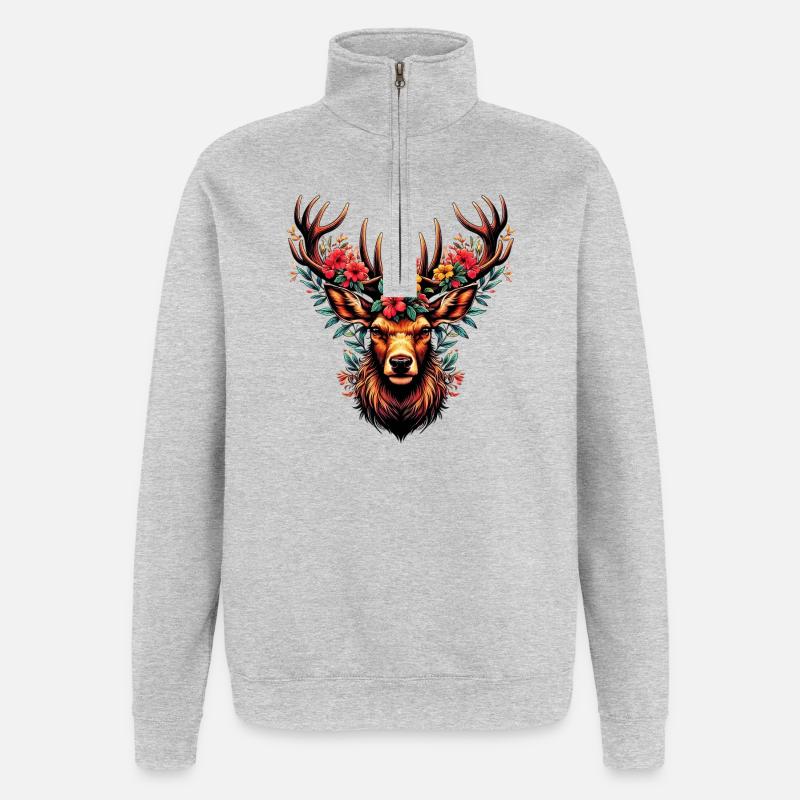 Cerf avec des fleurs - Sweat à zip 1/4 - gris chiné