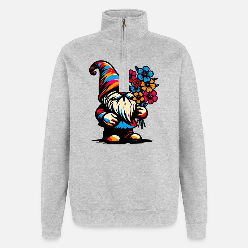Zwerg mit Blumen - Quarter-Zip-Sweatshirt - Grau meliert