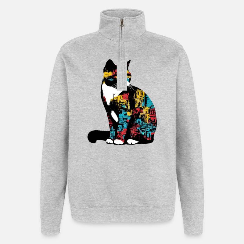 Katze - Quarter-Zip-Sweatshirt - Grau meliert
