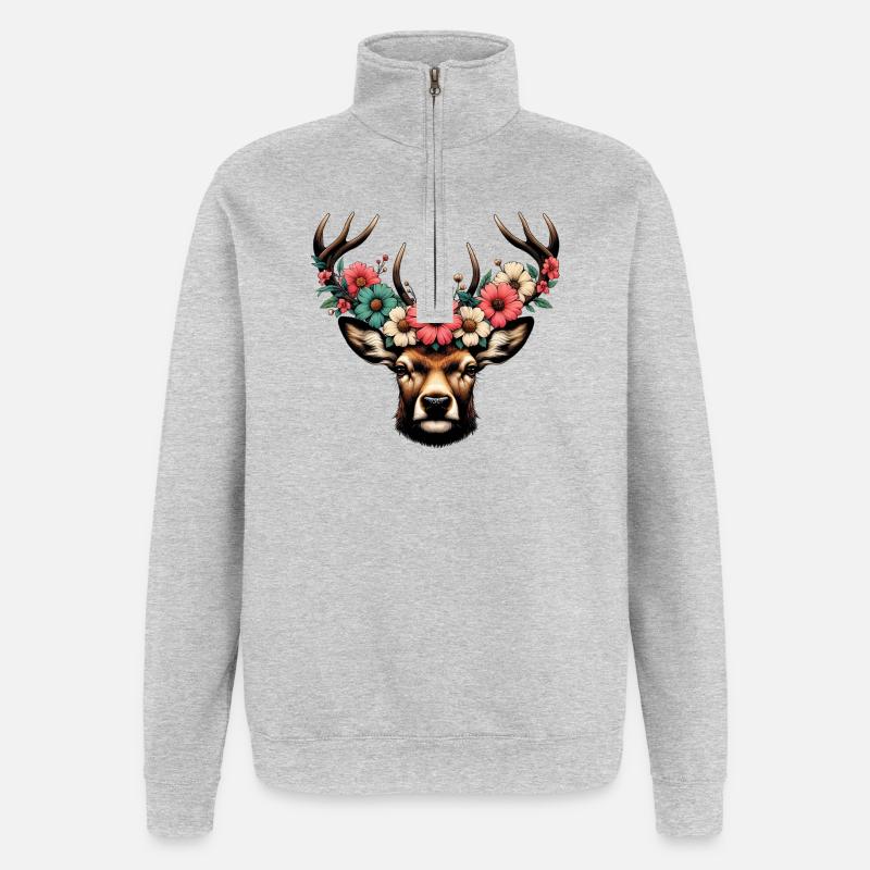 Cerf avec des fleurs - Sweat à zip 1/4 - gris chiné