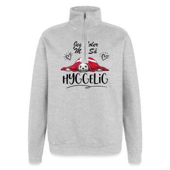 Jeg føler mig så hyggelig -b - Sweat à zip 1/4 - gris chiné - Devant - AI Model Female 172 light (172cm) & AI Model Male 178 dark (178cm)