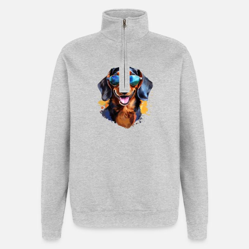 Dackel mit Sonnenbrille - Quarter-Zip-Sweatshirt - Grau meliert