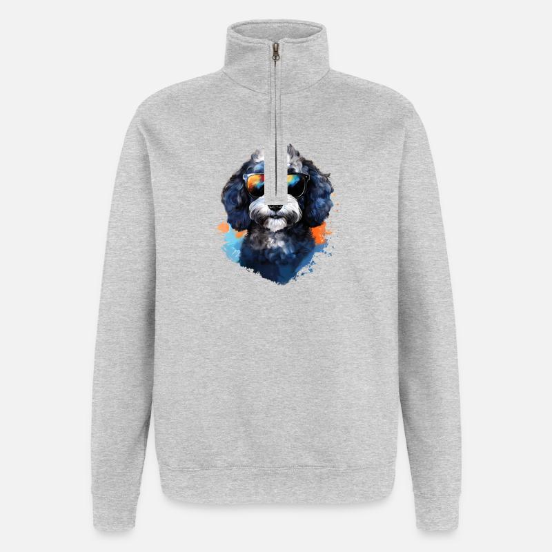 Pudel mit Sonnenbrille - Quarter-Zip-Sweatshirt - Grau meliert