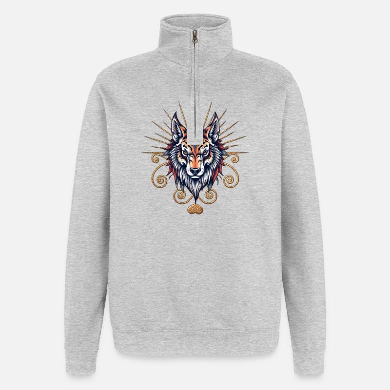 Superbe tête de loup - Sweat à zip 1/4 - gris chiné