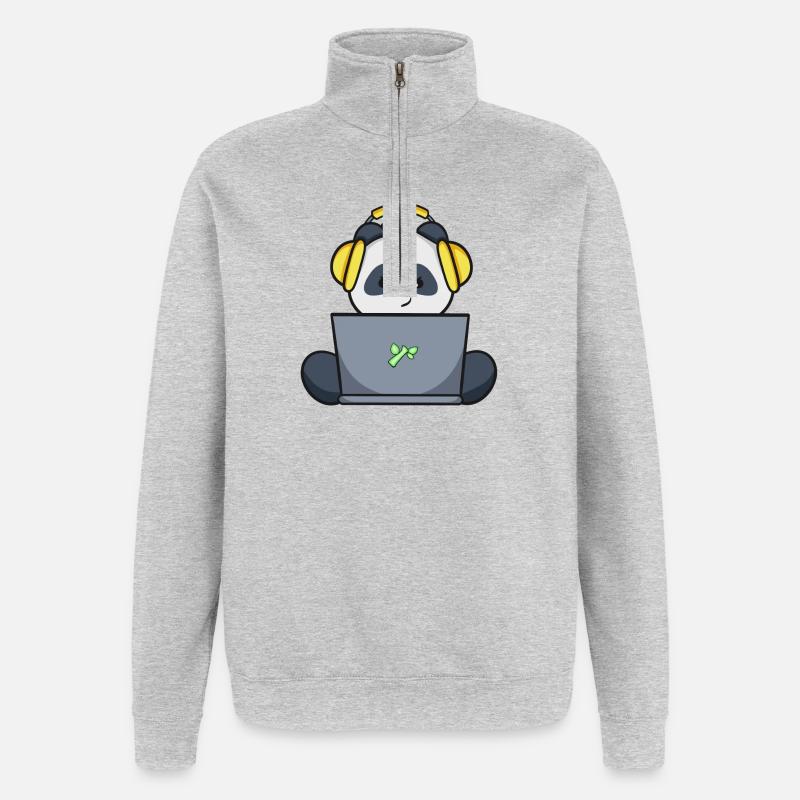 Gaming Panda mit gelbem Headset - Quarter-Zip-Sweatshirt - Grau meliert