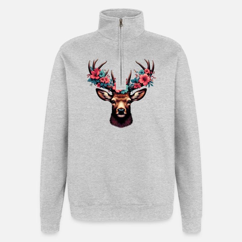 Cerf avec des fleurs - Sweat à zip 1/4 - gris chiné