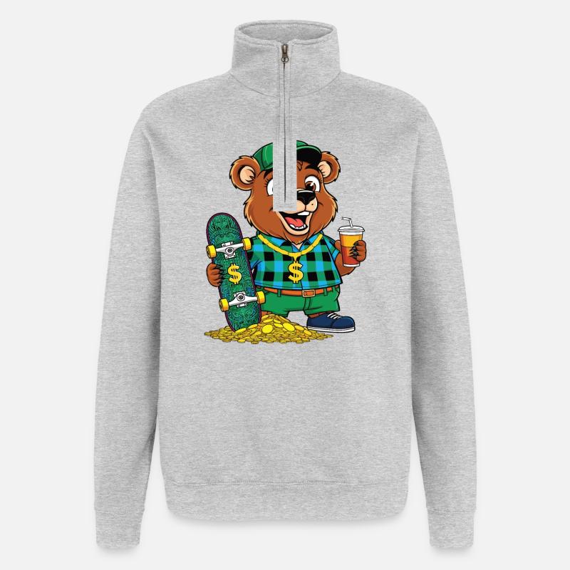 Coole Skater Bär - Quarter-Zip-Sweatshirt - Grau meliert