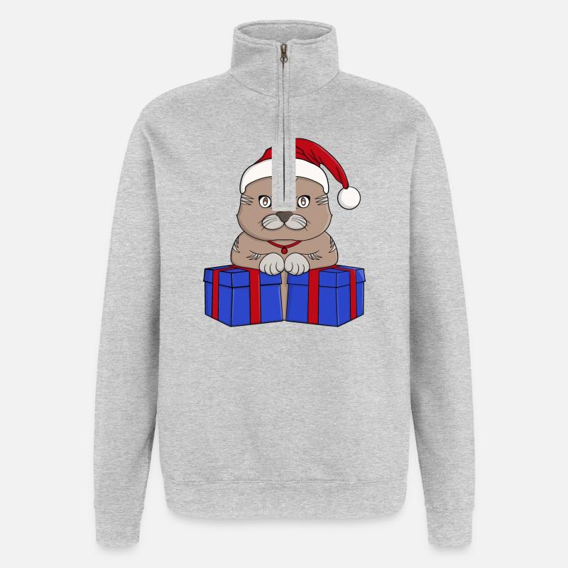 Mignon chat Père Noël - Sweat à zip 1/4 - gris chiné