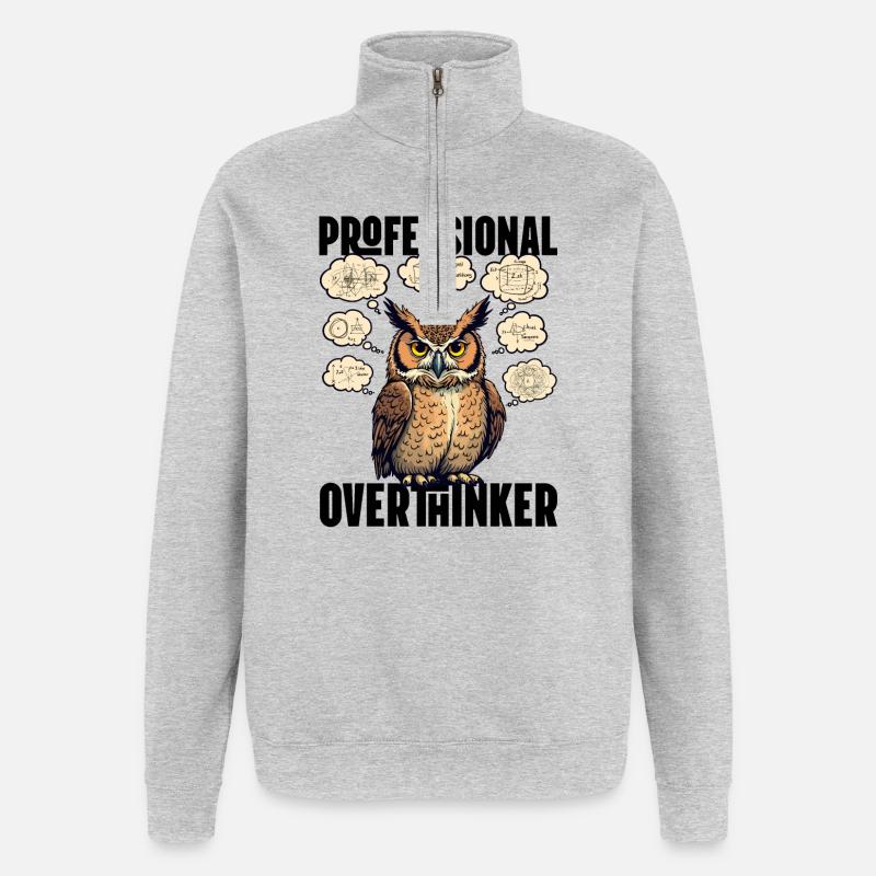Professional Overthinker – Eule mit Gedankenblasen - Quarter-Zip-Sweatshirt - Grau meliert