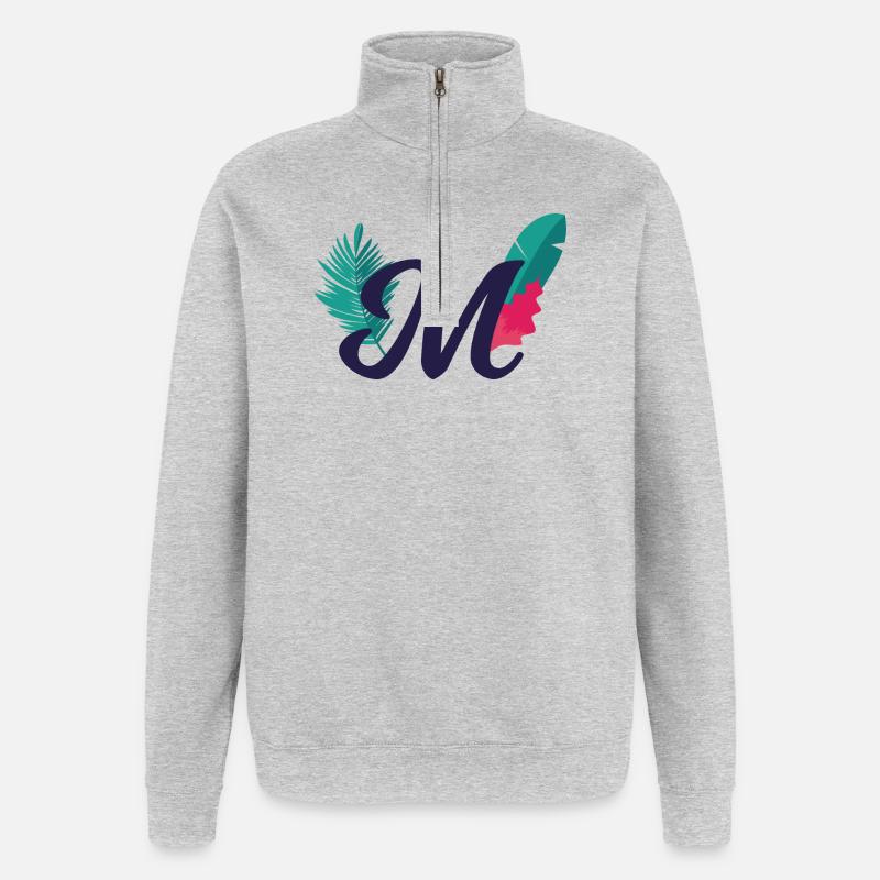Eleganter Buchstabe 'M' mit Blumen - Quarter-Zip-Sweatshirt - Grau meliert