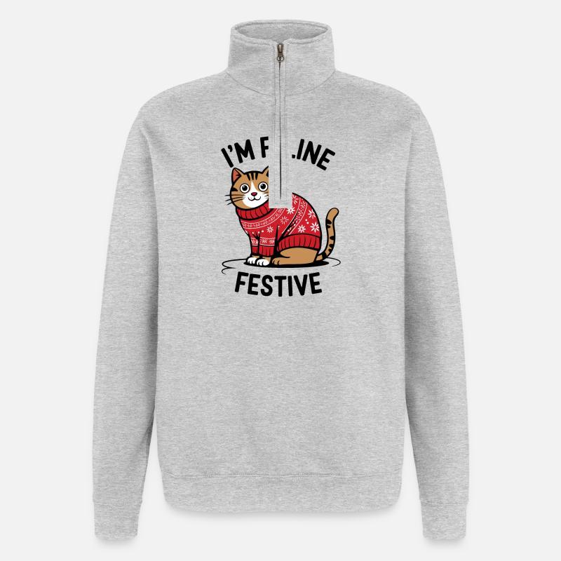 Festliche Katze mit Weihnachtspullover - Quarter-Zip-Sweatshirt - Grau meliert