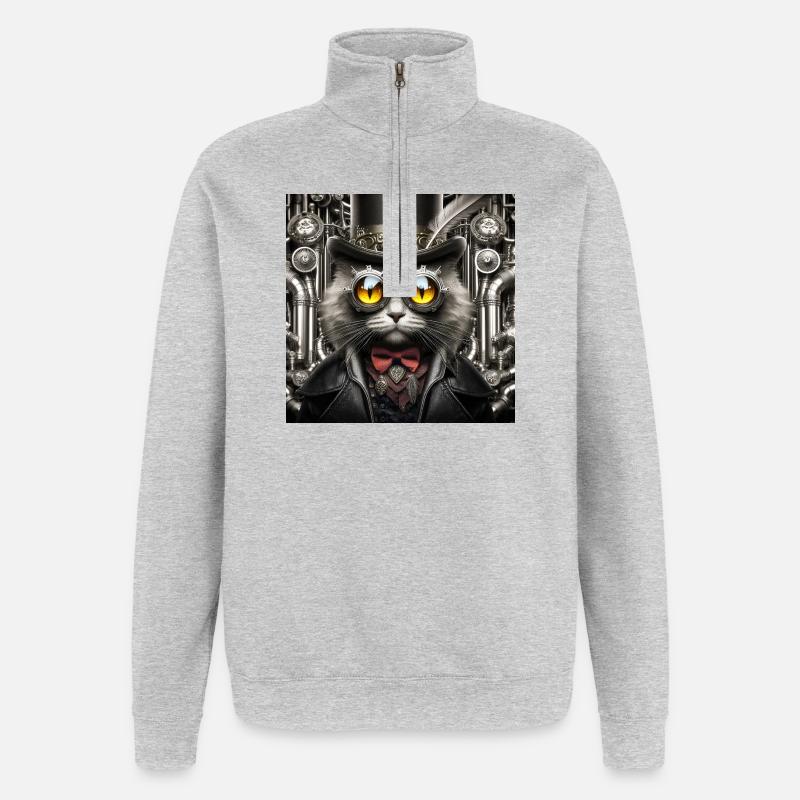 Chat Steampunk - Sweat à zip 1/4 - gris chiné