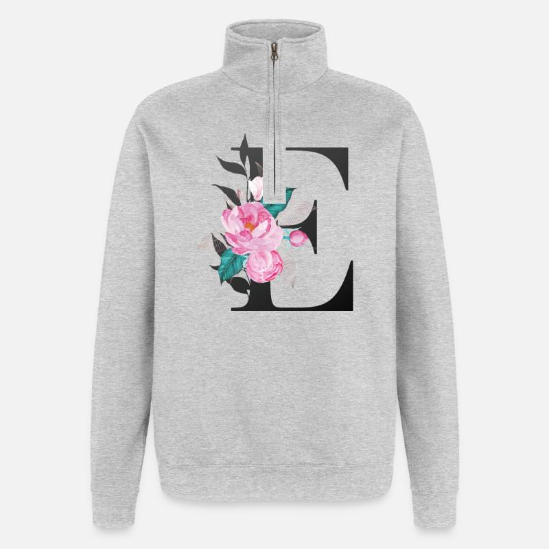 Eleganter Buchstabe 'E' mit Blumen - Quarter-Zip-Sweatshirt - Grau meliert
